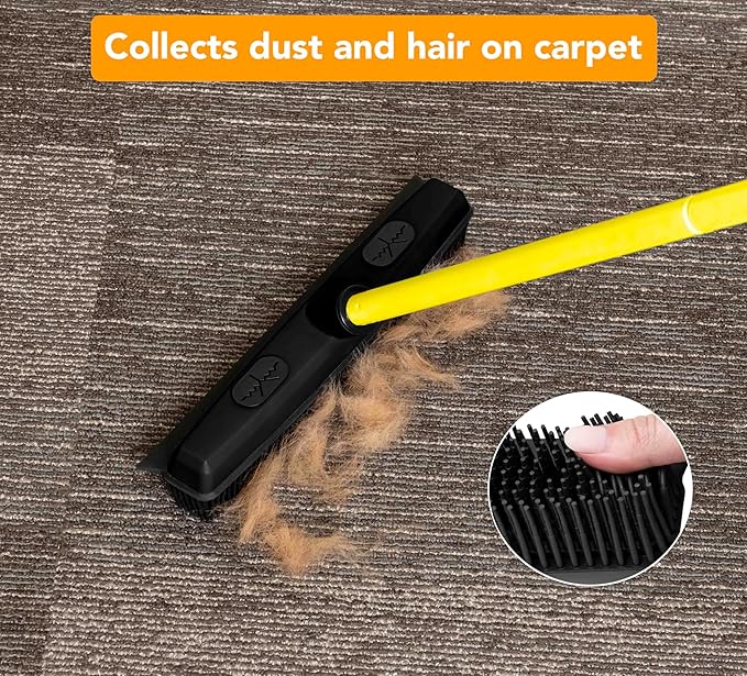 FURemover Sweep Pet Hair Rubber Broom with Squeegee and Attachable Microfiber Cloth and 47” Handle for Tile, Carpet and Hardwood