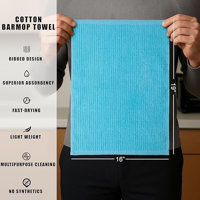 Textila Bar Mop Towels 16x19 Inch – Green - Turquoise – Pack of 12, Cotton Dish Cloths & Cleaning Towels for Kitchen, Bar, Restaurant, Household Use – Absorbent, Durable, Reusable