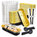100 Pack Mini Cake Pans with Lids and Spoons Black Gold Rectangular Aluminum Foil Baking Pans Mini Cheesecake Containers(6.8oz)