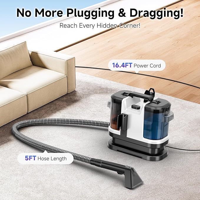 Portable Carpet & Upholstery Cleaner Machine, Handheld Spot Cleaner with Dual Brush, 18KPa Suction, Large Removable Tank for Couch, Car, Stairs, Rugs & Pet Stains,White