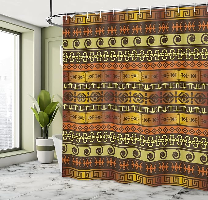 Ambesonne Prehistoric Shower Curtain, Indigenous Geometric Motifs Ornament Traditional Tribal, Cloth Fabric Bathroom Decor Set with Hooks, 69" W x 70" L, Brown Yellow Pale Orange