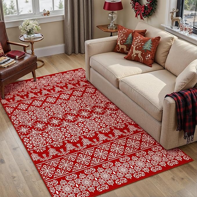 5x7 Area Rug Red Christmas Living Room Carpet Xmas Holiday Decor Bedroom Carpet Snowflake Washable Non Slip Kitchen Mat Indoor Decorative Throw Rug Entryway Dining Room Nursery Bathroom