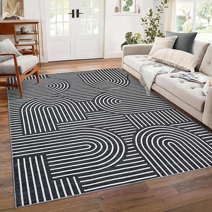 Washable Rug 8x10 Area Rugs for Living Room, Abstract Rug for Bedroom, Soft Rainbow Non Slip Throw Rugs with Rubber Back, Low Pile Stain Resistant Boho Geometric Carpet for Dining Room, Black