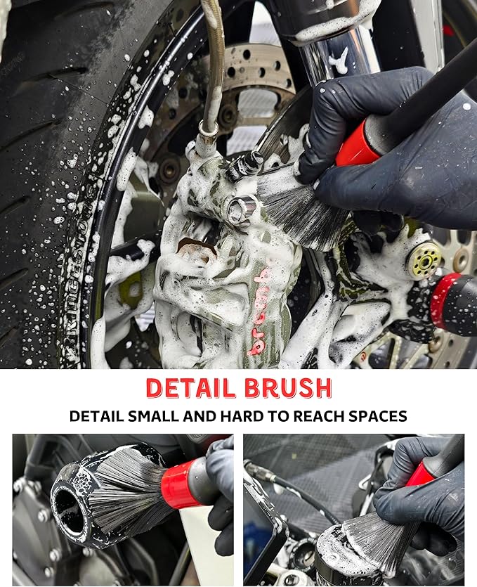 Motorcycle Cleaning Brush Kit, Easy Reach Brush, Wool Wash Mitt, Stiff Tire Brush, Detailing Brush& Microfiber Towel for Motorcycle Mudguard, Rims, Paint, Exhaust