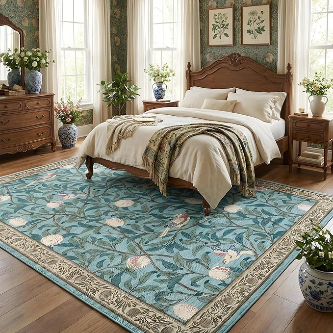 GarveeHome 8x10 Area Rugs for Living Room, Boho Leaf Rugs for Bedroom with Soft Low Pile, Non Slip Botanical Bird Large Washable Rug 8x10 for Dining Room Stain Resistant Blue Throw Rug