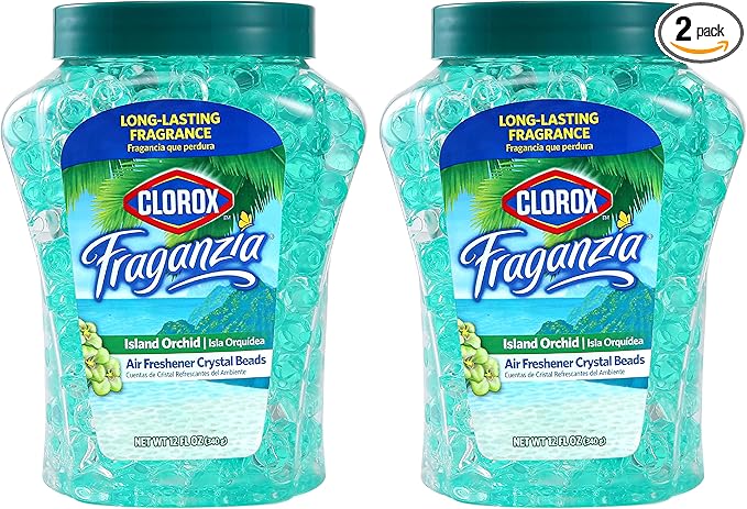 Clorox Fraganzia Crystal Beads Air Freshener Twin Pack, Long Lasting Room Deodorizer and Odor Eliminator Gel Beads for Home, Car, or Office, Island Orchid Scent, 24 Fl Oz