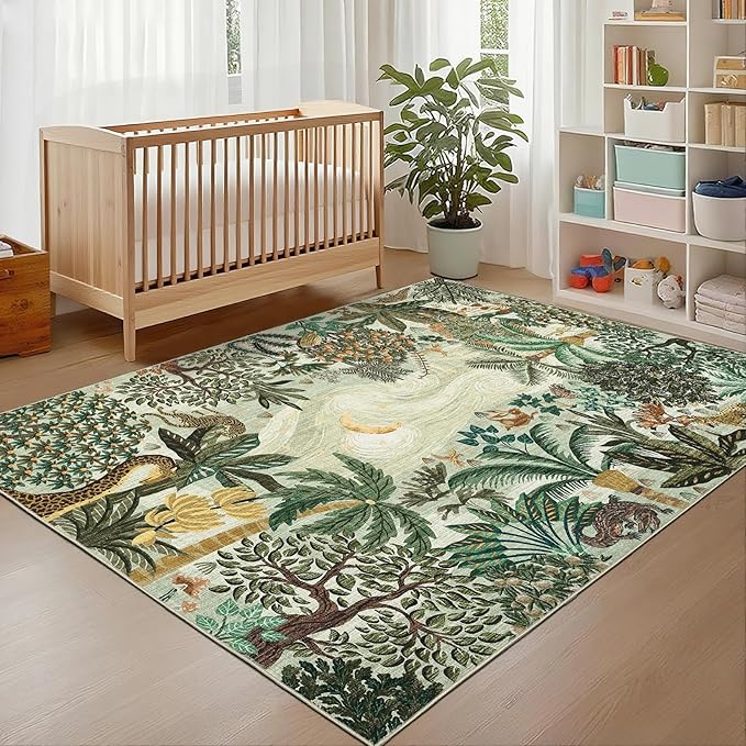 GarveeHome 4x6 Washable Area Rug for Kids Room, Jungle Animal Soft Bedroom Rug Non Slip Low Pile Small Carpet Stain Resistant Green Throw Rug for Bedside Playroom Office Dining Room