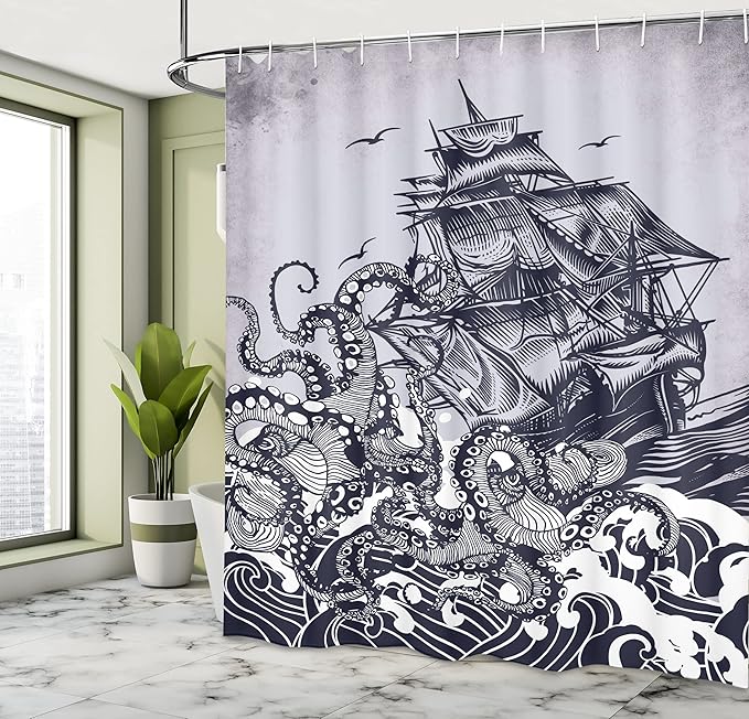 Ambesonne Nautical Shower Curtain, Coastal Nature Theme Kraken Octopus Tentacles with Ship Sail Old Boat Art Drawing in Ocean Waves, Cloth Fabric Decor for Bathroom Set with Hooks, 69" W x 70" L, Blue