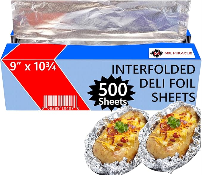 Box of 500 - Pre-Cut 9" Aluminum Foil Sheets - 9x10" Wide & Heat-Tolerant Deli Foil Sheets, 100% Aluminum, Ideal for Food Wrapping, Grilling & Freezing, Convenient Dispenser
