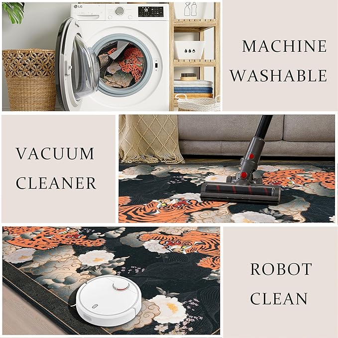 Tiger 6X9 Area Rug, Japanese Washable Leopard Tiger Rugs for Living Room, Vintage Large Soft Dining Room Rug, Non Slip Ultra Thin Stain Resistant Floor Carpet for Home Office Bedroom, Black