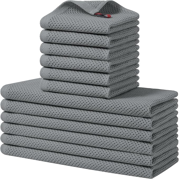 Homaxy 100% Cotton Kitchen Towels and Dishcloths Set, 12 x 12 Inches and 13 x 28 Inches, Set of 12 Bulk Kitchen Towels Set, Ultra Soft Absorbent Dish Cloths for Washing Dishes, Grey