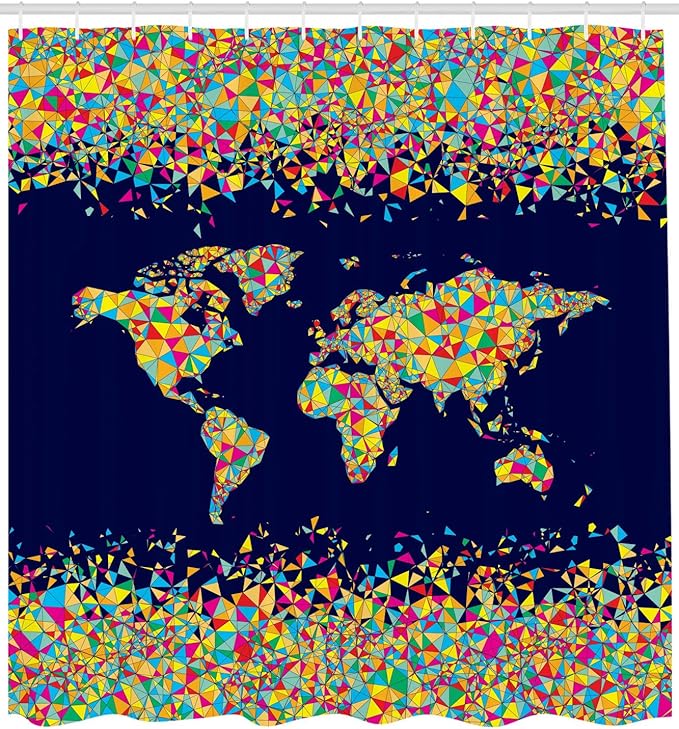 Ambesonne Map Print Shower Curtain, World Map Design with Mosaics Print Global Scene Atlas Colorful Art, Cloth Fabric Bathroom Decor Set with Hooks, 69" W x 75" L, Dark Blue Yellow Blue