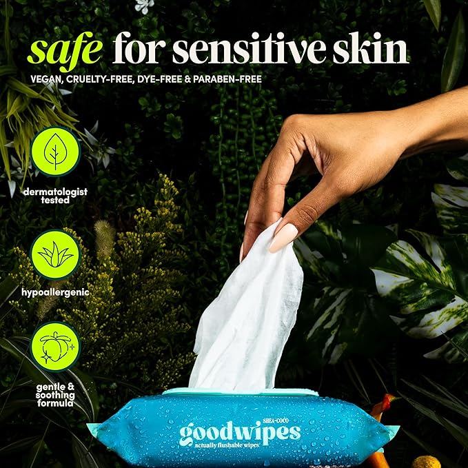 goodwipes Flushable Butt Wipes - Vitamin E & Aloe - Sewer & Septic Safe - Extra Large Adult Wet Wipes For Women & Men - Bathroom Essentials - Shea-Coco, 418 Count (8 Packs + 1 Travel)