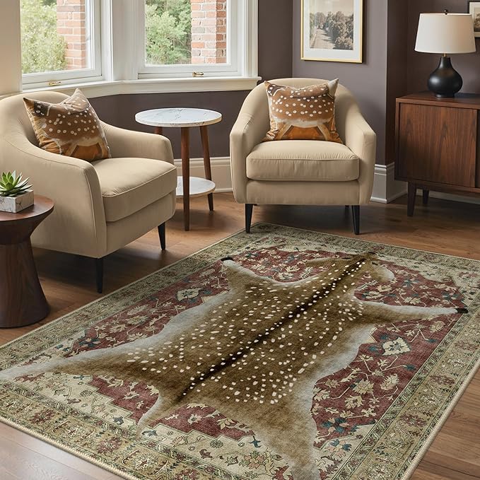 Bavni 5x7 Deer Rug, Machine Washable Animal Print Low Pile Boho Carpet, Non-Slip Non-Shedding Pet Friendly Rug for Living Room Playroom Nursery Bedroom Entryway, Red Yellow