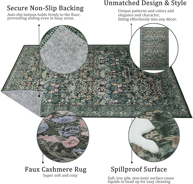 5x7 Washable Rug Vintage Floral Green Area Rug Non Slip Low Pile Large Rugs for Living Room, Bedroom, Farmhouse, Dining Room, Kids Playroom