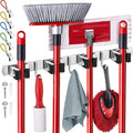 Mop and Broom Holder Wall Mount – Self-Adhesive Stainless Steel broom hanger organizer – 4 Clamps, 3 Hooks, 5 Towel Hanging Clips Mounting Screws – Holds Up to 40 Lbs