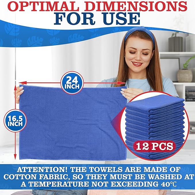 Huck Towels -12 Pack 24"x16.5" Cotton Blue Shop Towels - Large Cotton Rags for Cleaning, Reusable Cloths for Kitchen, Bar, Garage, Housekeeping | Absorbent Cleaning Cloths for Wiping & Polishing
