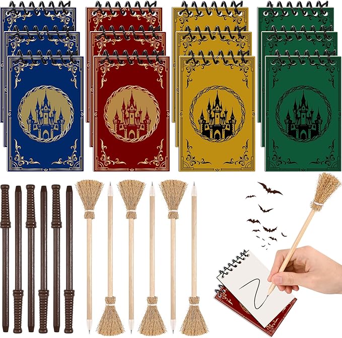 24 Pcs Magical Wizard Notepads Set Spiral Notebooks and Magic Wand Pencils Witch Broom Pencils Magical Wizard School Mini Notepads Small Pocket Journal Goodie Bag Stuffers for Wizard School Classroom Favors Supplies