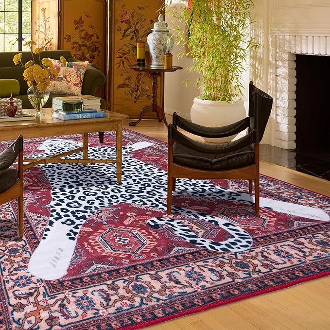 Oriental Leopard Rug 8x10 ft Washable Traditional Red Persian Rug for Bedroom Living Room, Dining Room Under Kitchen Table, Soft Non Slip Thin Rug Carpet (Red Leopard, 10X8 FT)