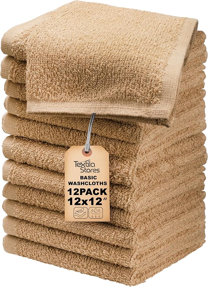 Basic Wash Cloths 12x12 Inches – Pack of 12 – Beige Color – Soft and Absorbent Multipurpose Cotton Washcloths for Bathroom, Spa, Gym, Salon, Hotel, and Everyday Use