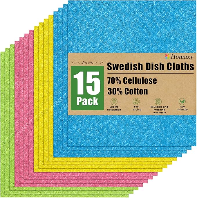 Homaxy Swedish Dishcloths for Kitchen, 15 Pack Reusable and Washable Cellulose Sponge Cloths Dish Towels, Absorbent and No Odor Paper Towels for Dishes ＆ Counters, Assorted