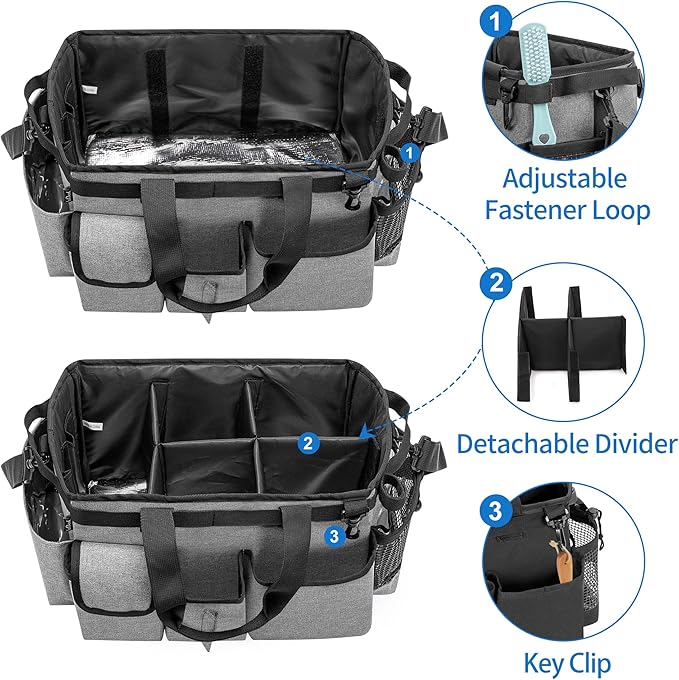 LoDrid Large Wearable Cleaning Caddy Bag with Detachable Divider, Cleaning Organizer with Handles, Cleaning Supply Tote with Adjustable Shoulder Strap for Cleaners & Housekeepers, Grey