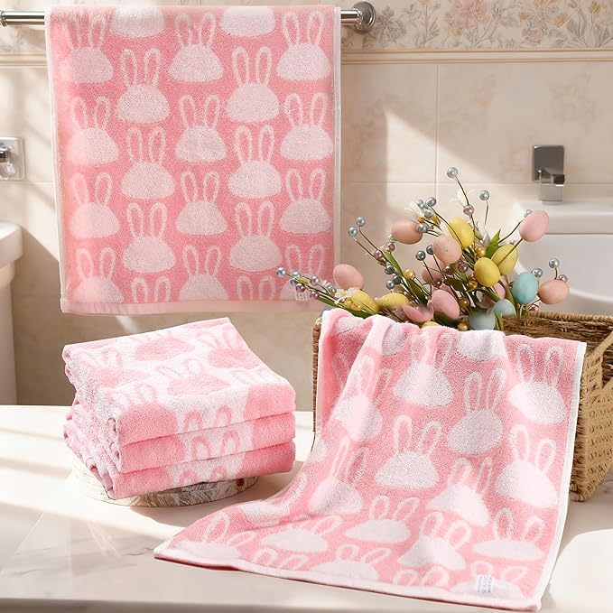 Frienda 4 Pcs Easter Hand Towels for Bathroom 13 x 29'' Soft 100% Cotton Pink and White Bunny Decorative Towel Absorbent Pink Rabbit Bathroom Decor for Drying Cleaning Cooking Gift Easter Decor