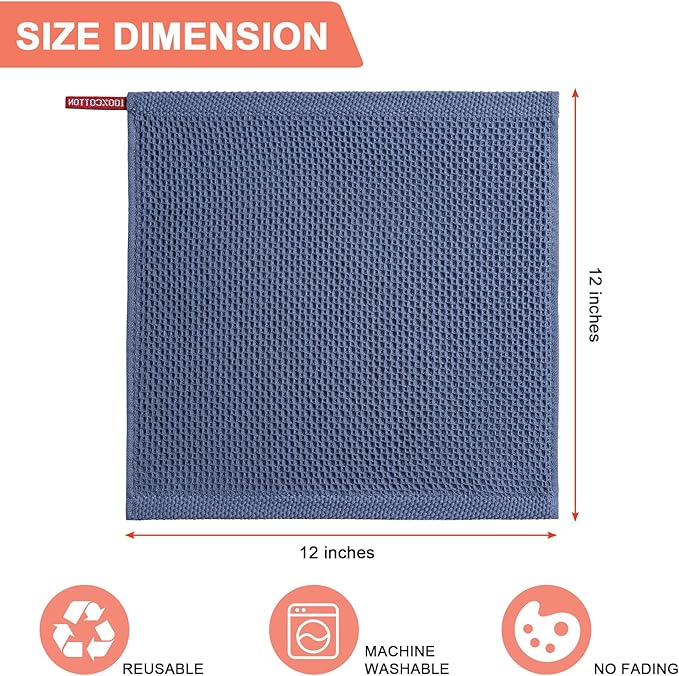 BOOMIBOO 6-Pack Kitchen Dish Cloths, 100% Cotton Waffle Weave, Ultra Soft Absorbent, Quick Drying Dish Towels, 12x12 Inches,Navy Blue