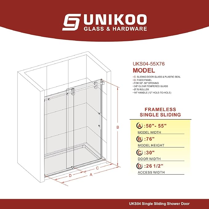 50-55 Inch x 76 Inch Sliding Frameless Shower Door, 3/8" Tempered Glass with Easy-Cleaning Coating, Stainless Steel Rollers & SGCC-Certified Stability, Brushed Nickel