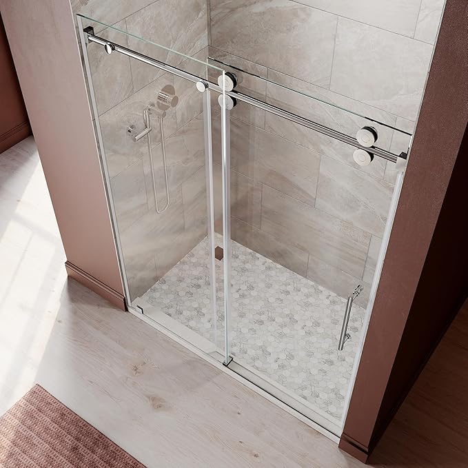 56-60 Inch x 76 Inch Sliding Frameless Shower Door, 3/8" Tempered Glass with Easy-Cleaning Coating, Stainless Steel Rollers & SGCC-Certified Stability, Bright Chrome