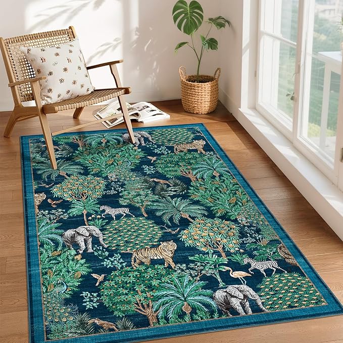 GarveeHome Jungle Animal Print Rug 3x5 Washable Area Rugs for Living Room, Forest Rug Non Slip Soft Low Pile Stain Resistance Throw Carpet for Bedroom Kids Playroom Nursery Blue