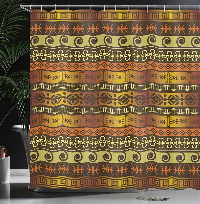 Ambesonne Prehistoric Shower Curtain, Indigenous Geometric Motifs Ornament Traditional Tribal, Cloth Fabric Bathroom Decor Set with Hooks, 69" W x 70" L, Brown Yellow Pale Orange