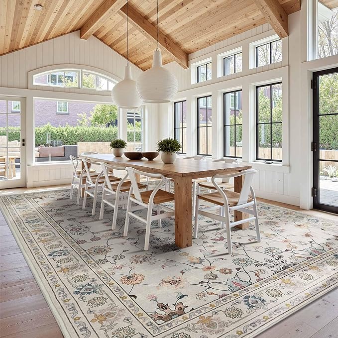10x14 Rugs for Living Room & Bedroom,Floral Washable Rug,Boho Area Rug, Large Non Slip Low Pile Wool Carpet for Indoor Dining Room,Girls Room,Nursery Room and Kids Room(Grey 10x14ft)