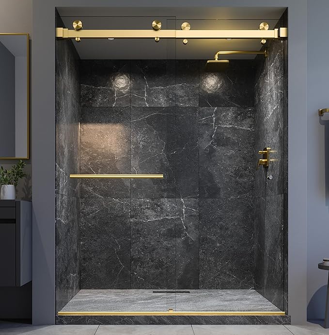 VITRA-200X 56.5-60" W x 78" High 3/8" Twinglide Frameless Shower Door with (10mm) Clear Tempered Glass (Satin Brass - Towel BAR & KNOB)