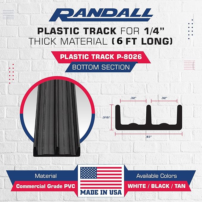 Randall Manufacturing Co., Inc | Plastic Sliding Door Track | 6 Feet Long | Fits 1/4” Doors | Easy & Quick Installation | PVC Plastic Track | Works on Multiple Door Types