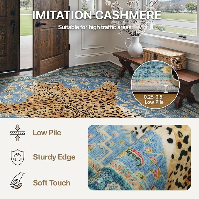 Bavni 2x6 Leopard Rug, Machine Washable Soft Cheetah Animal Print Runner Rug Non Slip Boho Low Pile Non-Shedding Hallway Print Woodland Jungle Carpet for Kitchen Entryway Nursery Bedroom,Blue