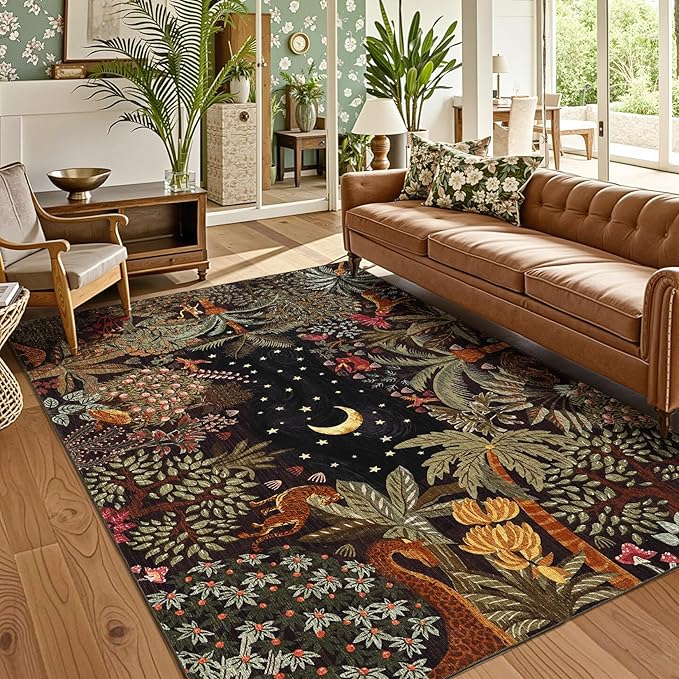 GarveeHome 5x7 Jungle Area Rug Washable Rugs for Living Room Bedroom, Soft Low Pile Non Slip Accent Floor Mat Animal Print Throw Rug Indoor Carpet Dining Room Playroom
