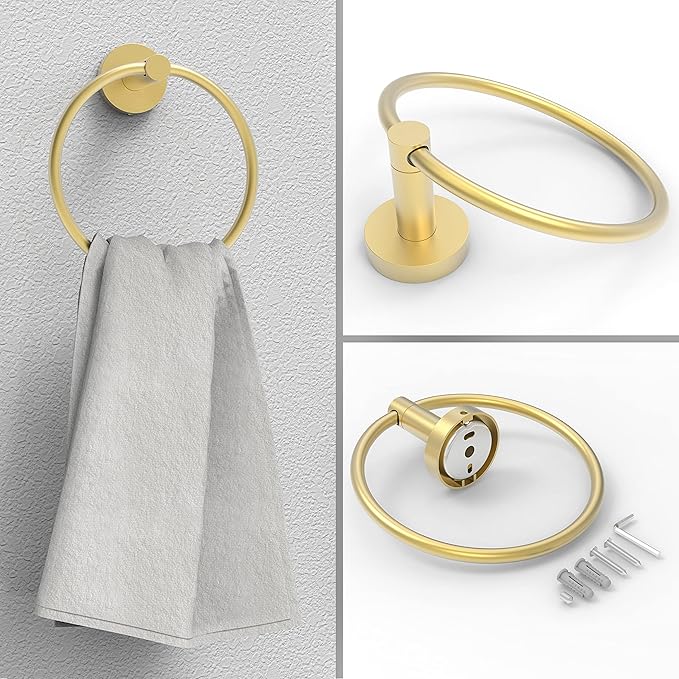 Gold Toilet Paper Holder & Towel Ring SUS304 Stainless Steel 2pc Bathroom Hardware Set with Double Post Pivoting Toilet Paper Roll Holder Wall Mount & Bathroom Towel Holder Set