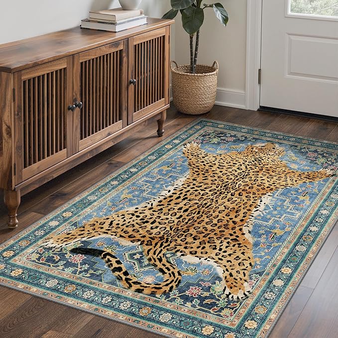 Bavni 3x5 Leopard Rug, Machine Washable Cheetah Animal Print Low Pile Boho Woodland Jungle Carpet, Non-Slip Non-Shedding Pet Friendly Rug for Living Room Playroom Nursery Bedroom Entryway, Blue