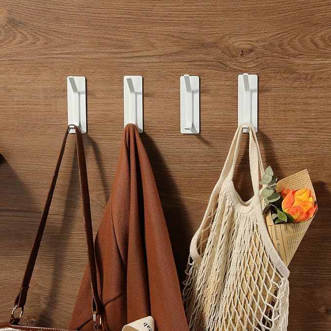 Taozun Adhesive Hooks - White Wall Hooks, Stainless Steel Towel Hangers/Holders Stick on Bathroom and Kitchen, 4 Packs