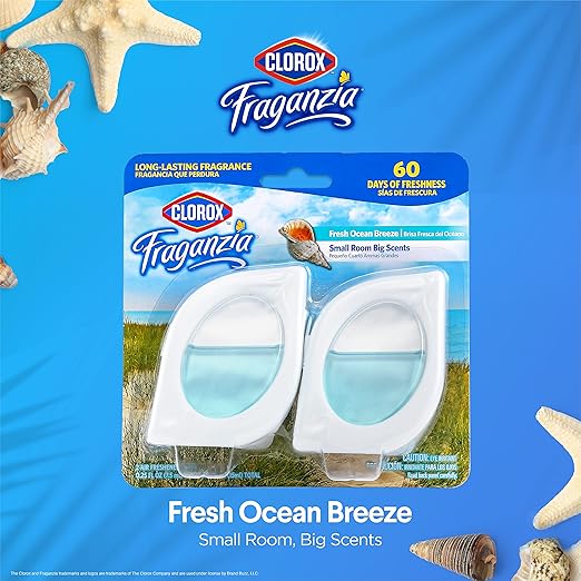 Clorox Fraganzia Small Room Air Freshener in Fresh Ocean Breeze, 2ct | Peel & Place Air Freshener, No-Plug, Battery-Free for Closets, Laundry Room, Entry Way, Bathroom, Locker, 2 Units