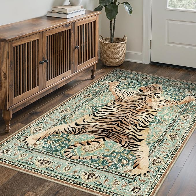 Bavni 3x5 Tiger Rug, Machine Washable Animal Print Low Pile Boho Woodland Jungle Carpet, Non-Slip Non-Shedding Pet Friendly Rug for Living Room Playroom Nursery Bedroom Entryway, Green