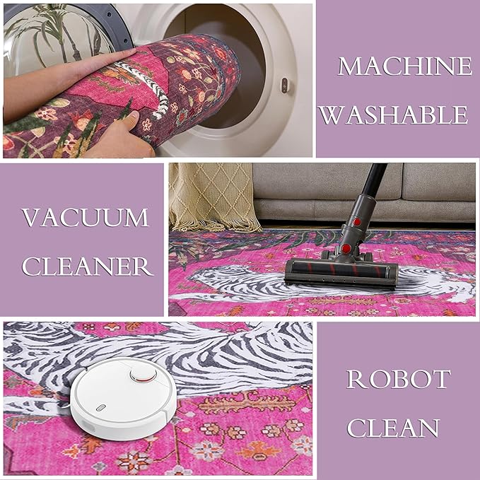 8x10 FT Leopard Rug for Living Room Hot Pink Leopard Vintage Animal Rug Aesthetic Pink Rugs for Girls Room Nursery Bedroom Home Office Dorm Thin Bright Magenta Carpet (Hot Pink, 10X8 FT)