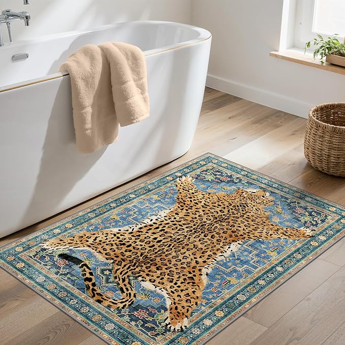 Bavni 2x3 Leopard Rug, Machine Washable Cheetah Door Mat,Soft Animal Small Boho Rugs Non Slip Low Pile Non-Shedding Throw Indoor Print Woodland Jungle Carpet for Entryway Front Door Bathroom,Blue