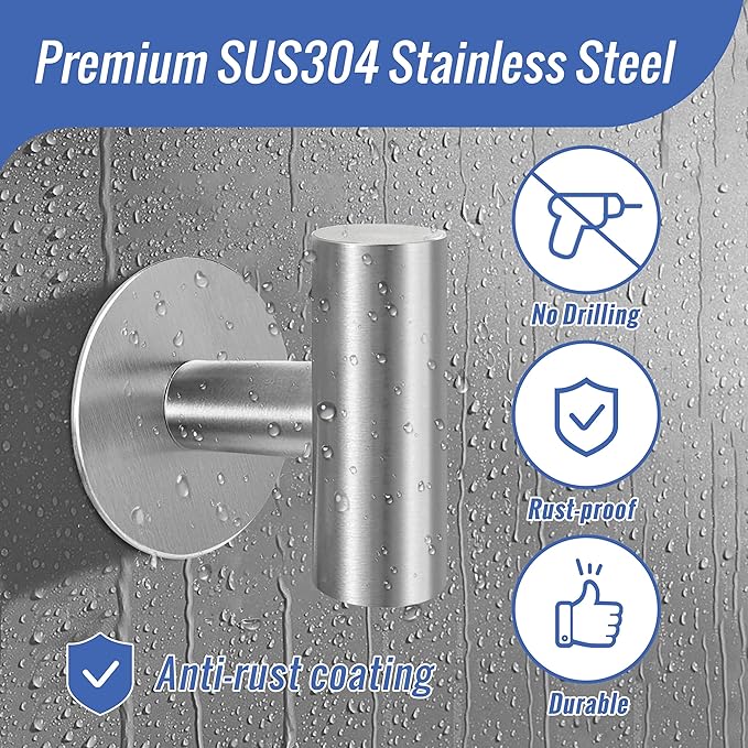 Adhesive Towel Hooks, Brushed Nickel SUS 304 Stainless Steel Heavy Duty Self Adhesive Robe Hooks for Bathrooms Kitchen Wall Mounted (Brushed Nickel, 2 Pcs)