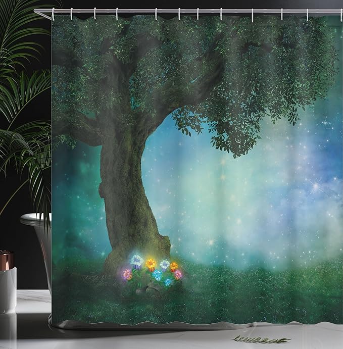 Ambesonne Forest Shower Curtain, Little Red Riding Hood Woodland at Night Flowers and Stars Image Print, Cloth Fabric Bathroom Decor Set with Hooks, 69" W x 70" L, Multicolor Forest Green