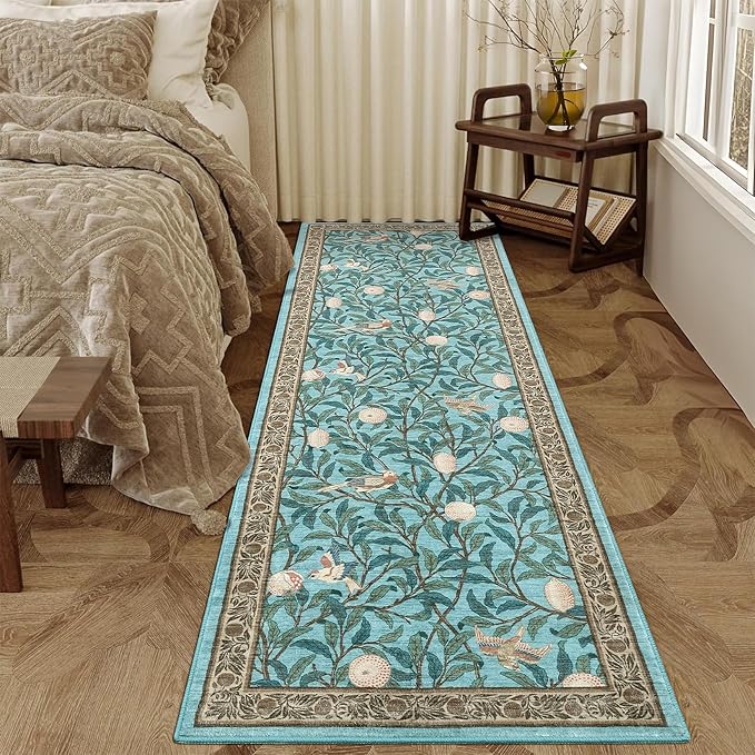 GarveeHome 2x6 Runners for Hallways Non Slip, Boho Leaf Kitchen Runner Rug Washable Rugs for Bedroom, Low Pile Soft Blue Runner Botanical Bird Rug for Dorm Entryway Laundry Room Bedroom