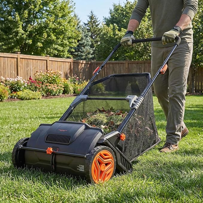 Hand Push Lawn Sweeper, 21" Sweeping Width Floor Sweeper Manual Non-Electric, 3.5 cu. ft. Large Mesh Collection Hopper Bag, 2 Spinning Brushes for Walkway, Yard, Garage, Patio (21")