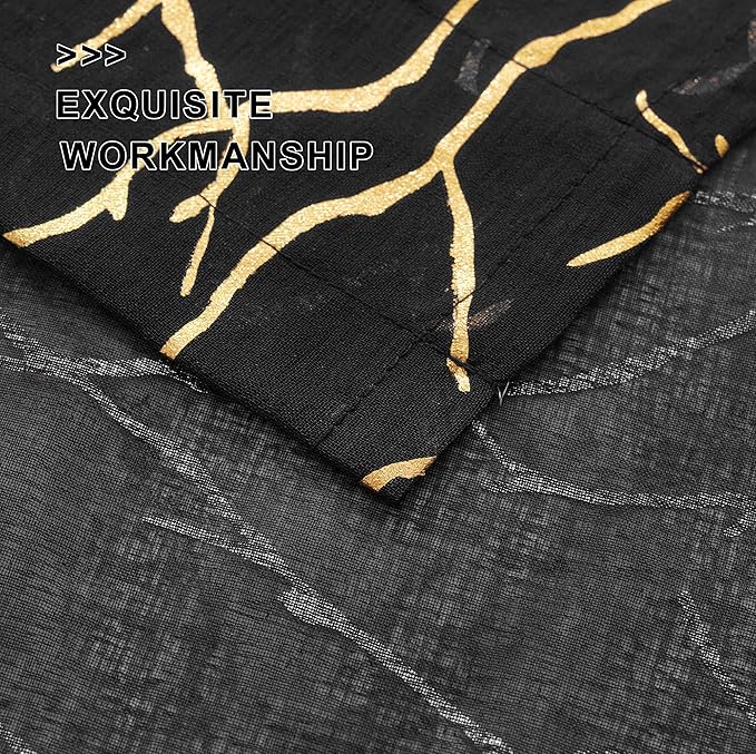 FINECITY Black Gold Sheer Curtains for Bedroom - Metallic Gold Foil Tree Branch Black Sheer Curtains 63 Inch Length Black and Gold Window Curtain Panel Set of 2, 52 x 63 Inch, Black Gold