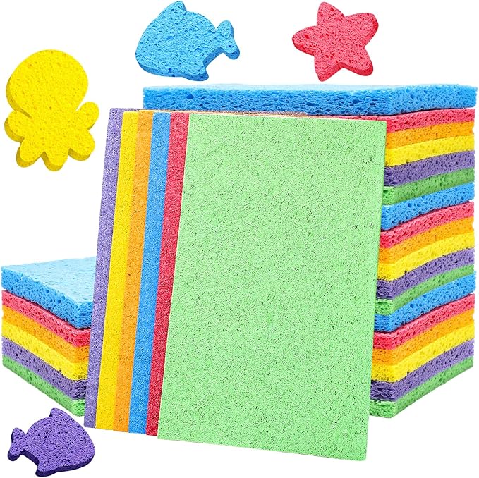Honeydak 12 Pcs Cellulose Compressed Sponges for Craft 5" x 7" DIY Art Stamps Projects Supplies Assorted Colors Natural Dish Sponges for Classroom Crafts Home Cleaning